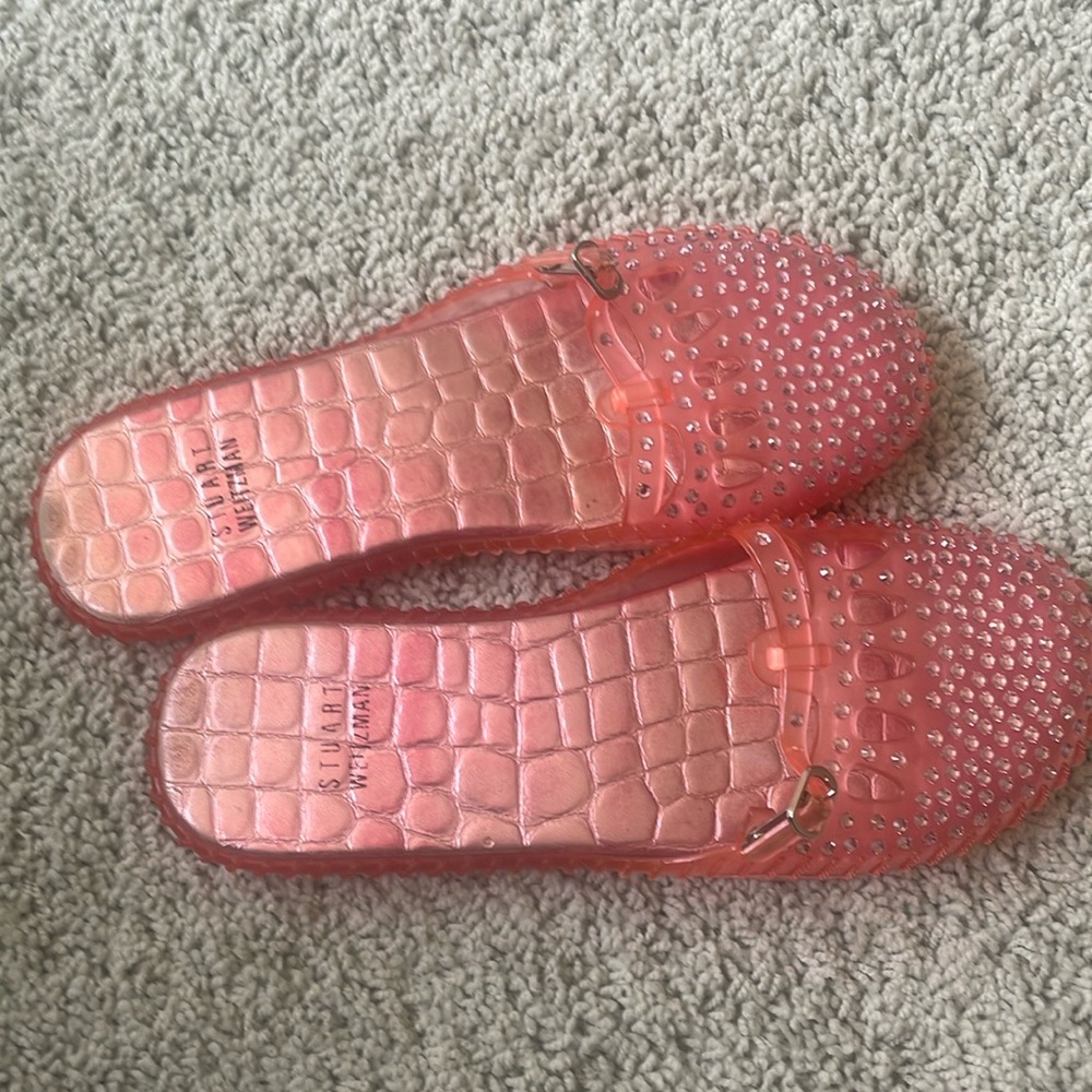 Stuart Weitzman Pink Jelly Slide On Sandals with crystals flip flops
